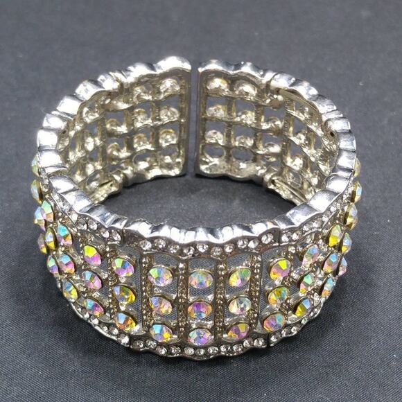 Aurora Borealis Rhinestone Cuff Bracelet, Silver Tone Stretch Metal Wide, 6 1/2" - Picture 8 of 8